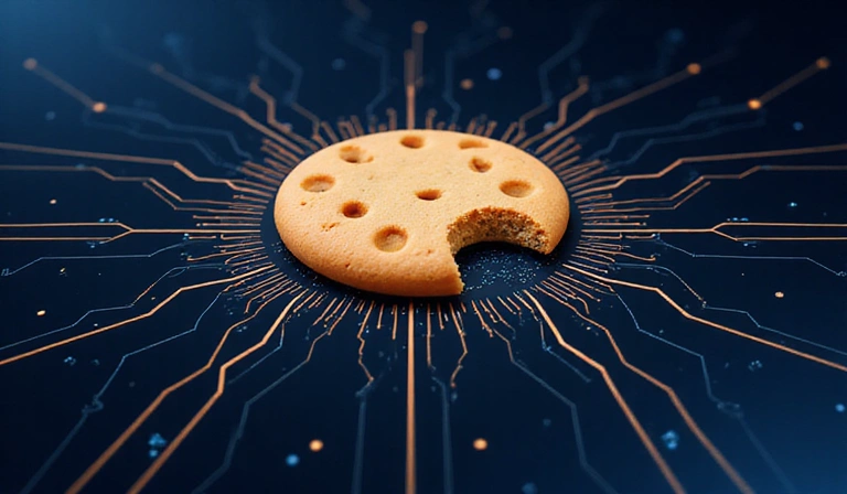 Ilustración de una galleta digital con circuitos en el interior, simbolizando una cookie web.