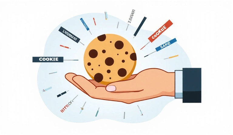 A hand holding a cookie with digital data symbols around it, representing cookie usage